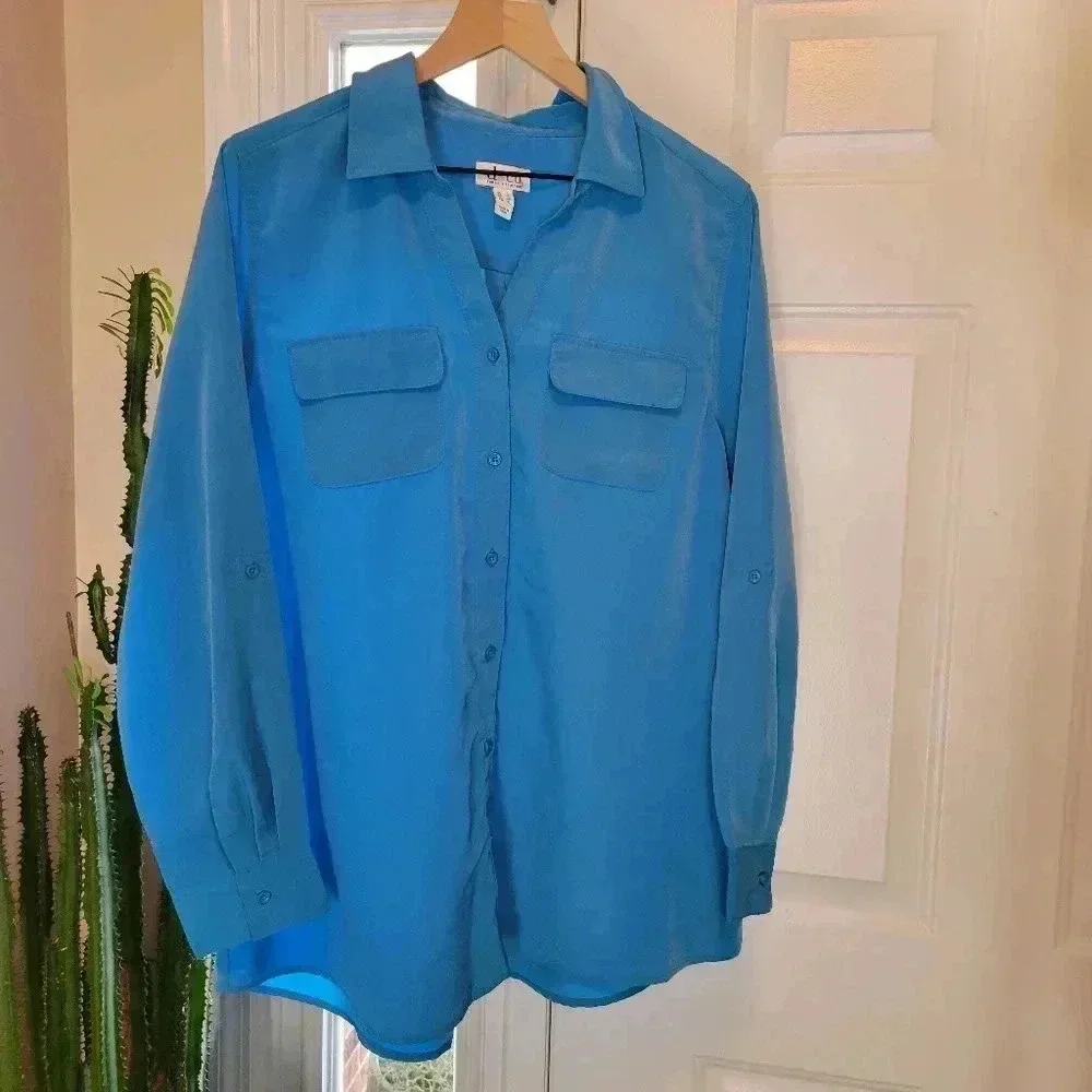 D&Co Beautiful Blue Business Casual Button Up Longsleeve Shirt, Size XL Pockets - Picture 2 of 8